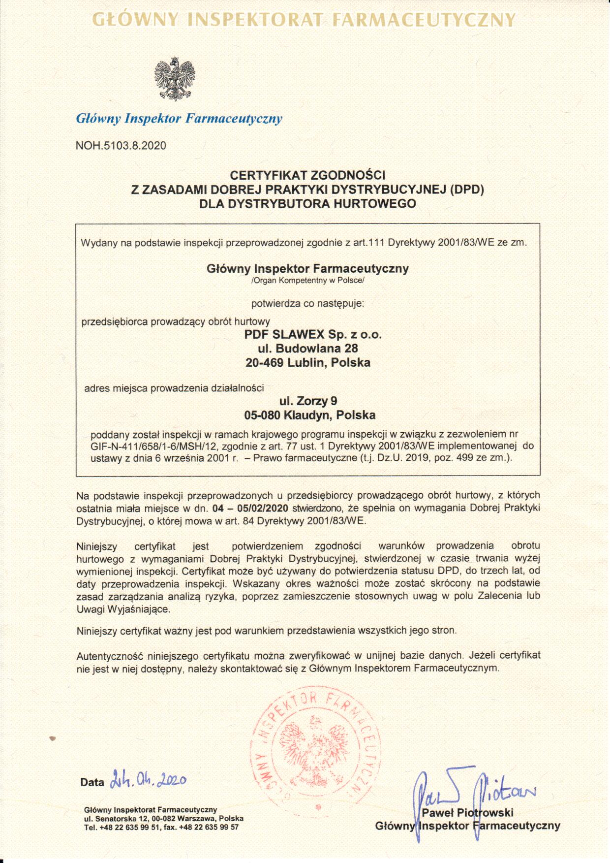 Certyfikat DPD dla „PDF SLAWEX” Sp. z o.o. Oddział Warszawa