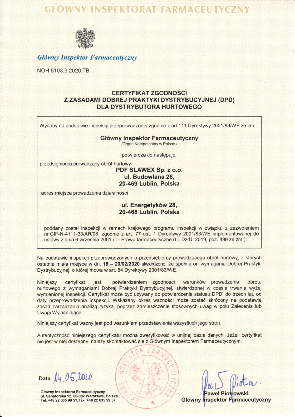 Certyfikat DPD dla „PDF SLAWEX” Sp. z o.o. Oddział Lublin