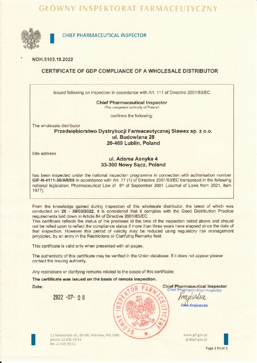 Certyfikat DPD dla „PDF SLAWEX” Sp. z o.o. Oddział Nowy Sącz
