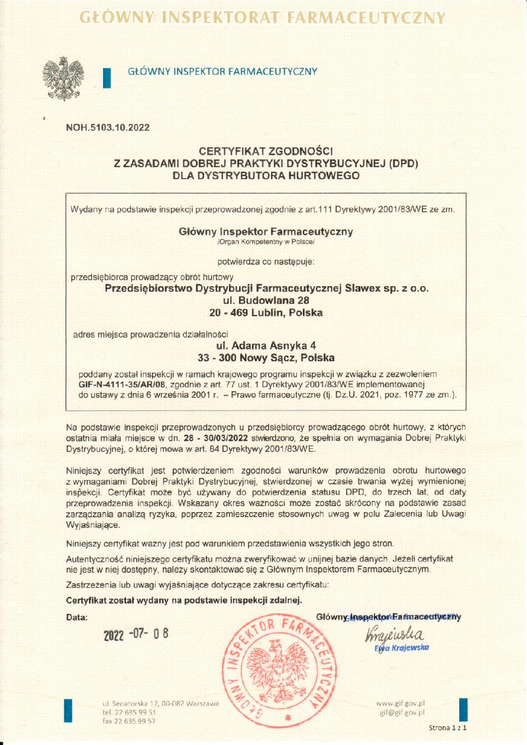 Certyfikat DPD dla „PDF SLAWEX” Sp. z o.o. Oddział Nowy Sącz