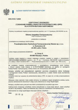 Certyfikat DPD dla „PDF SLAWEX” Sp. z o.o. Oddział Warszawa