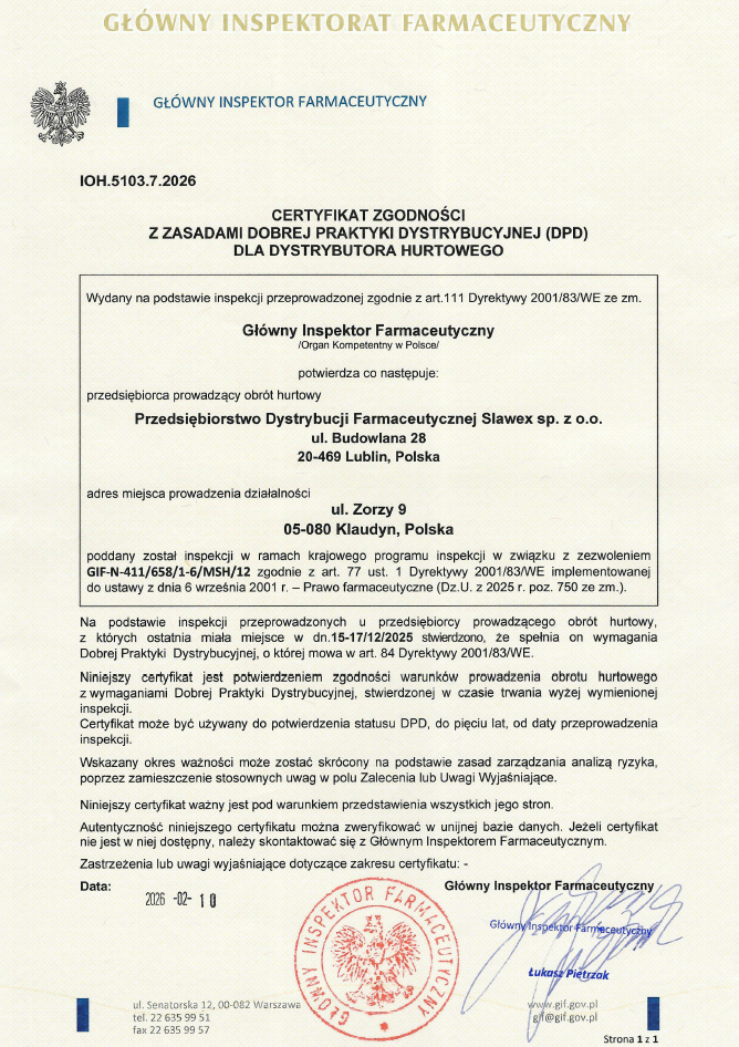 Certyfikat DPD dla „PDF SLAWEX” Sp. z o.o. Oddział Warszawa